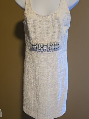 Boston Proper White Textured Midi Dress with Jeweled Waistband